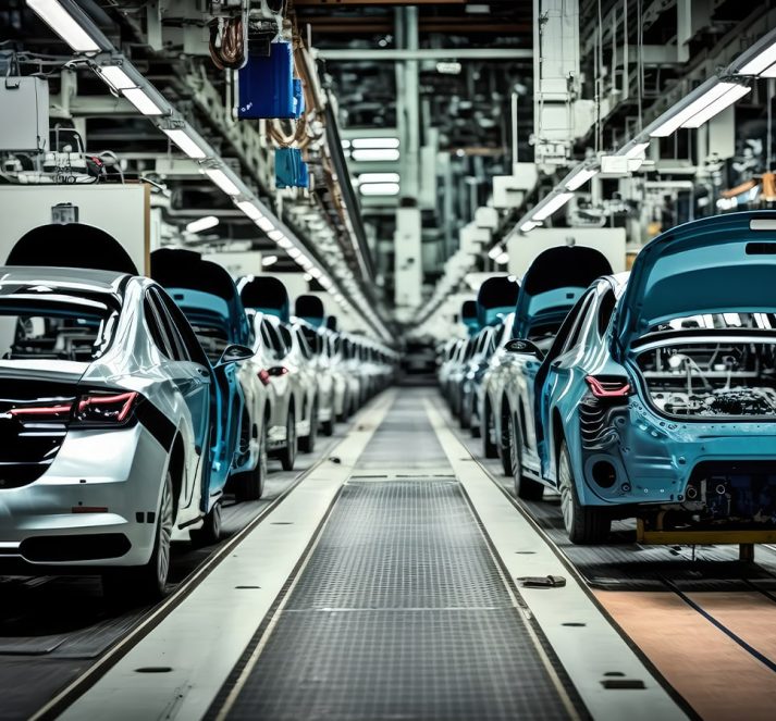 Car manufacturing on a production line, blue and silver cars in production