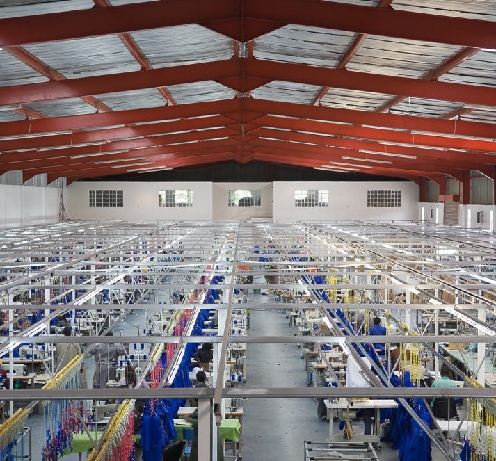 Clothing factoring from above with a red structured ceiling