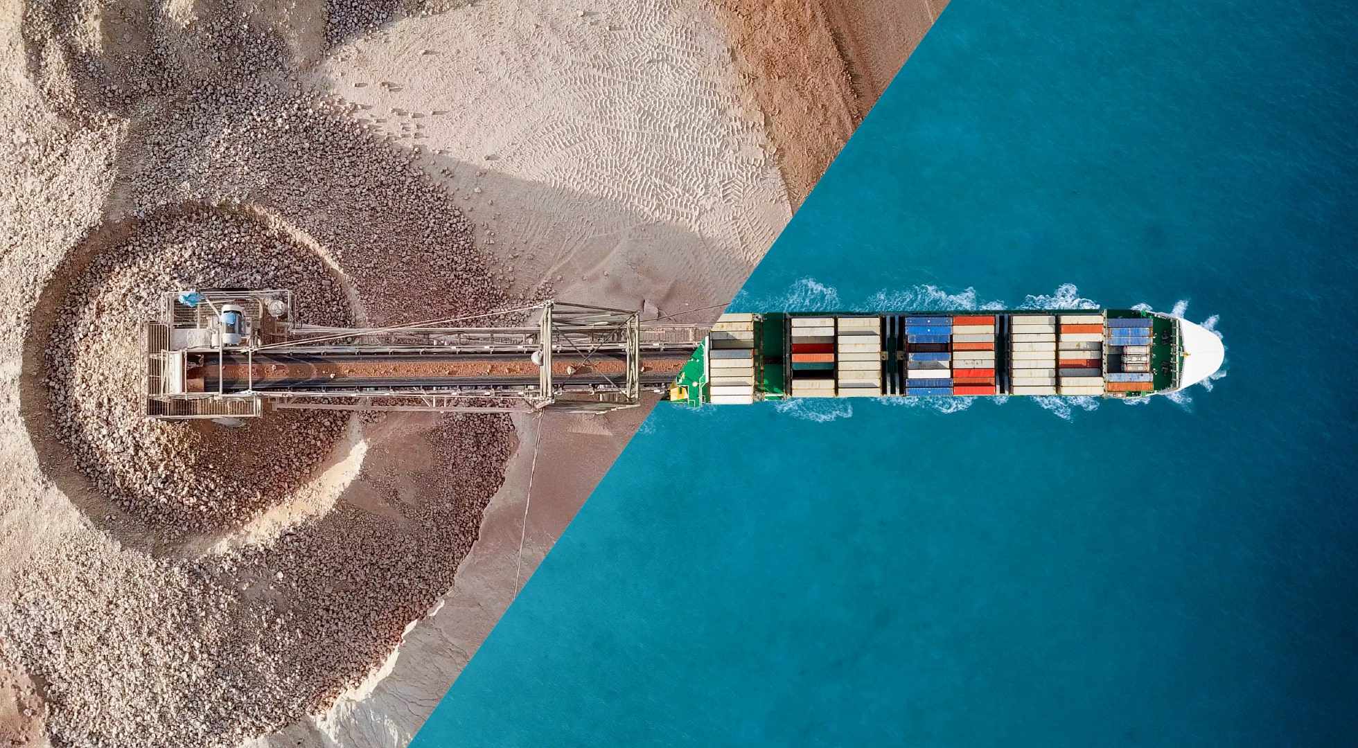 Half and half image split of mining machinery and a large ship carrying shipping containers