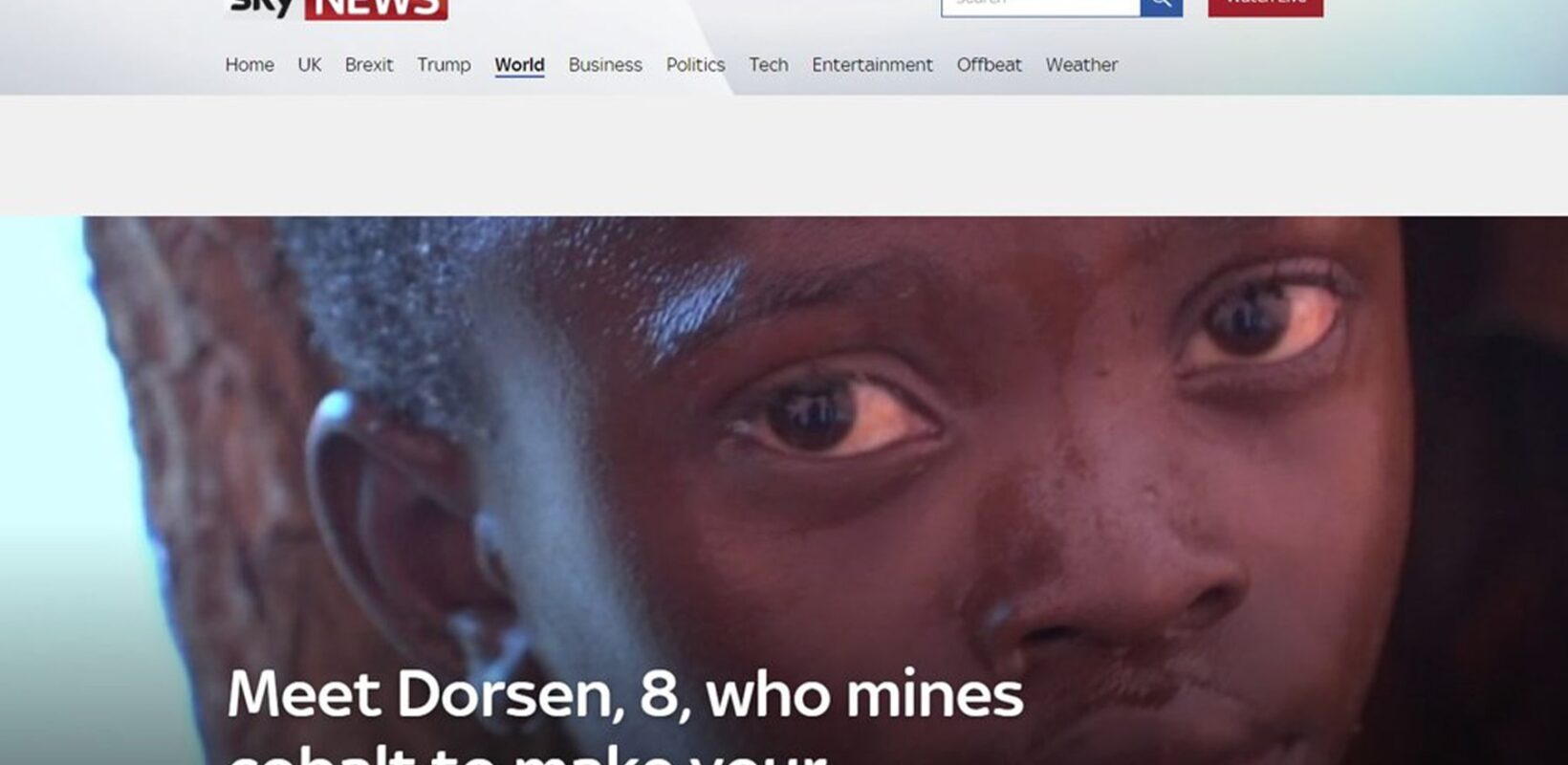 Sky News website screenshot, with an article showing a sad young child, who the article is about
