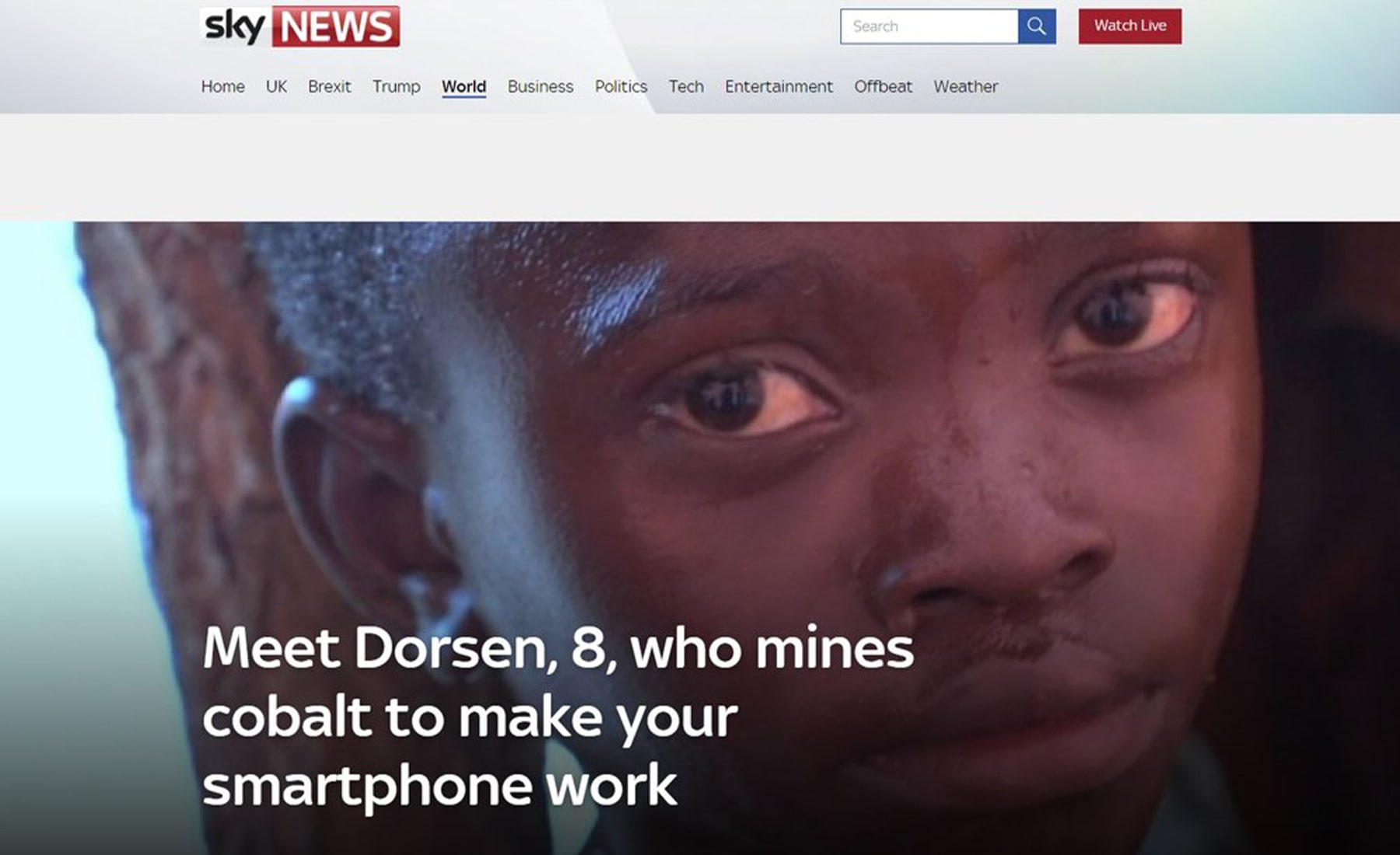 Sky News website screenshot, with an article showing a sad young child, who the article is about